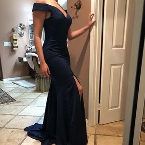 Navy blue full length prom dress